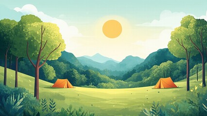 Camping tents in sunny green valley surrounded by forest and mountains on clear day.