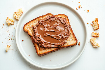 Creamy chocolate spread on toast with breadcrumbs on white plate