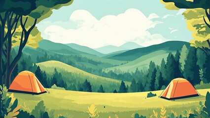 Scenic mountain landscape featuring two tents for camping in the great outdoors.