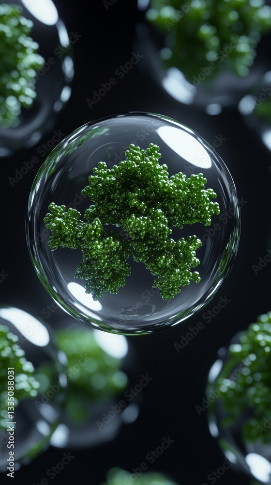 Poster translucent bubbles filled with green particles hover in a dark setting, producing a fascinating and