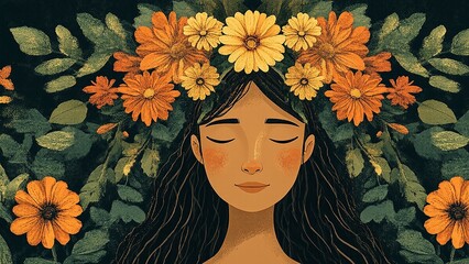 Woman meditating with daisy flower crown for Beltane, connecting with nature.