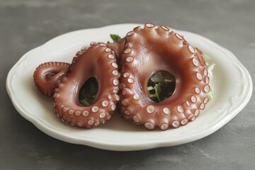 Close up of a dish featuring delicious boiled octopus tentacles and salad on a grey textured surface