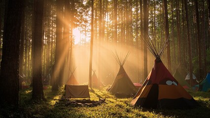 Camping Tents in Forest at Sunrise: Summer Camp in Nature with Sun Rays.