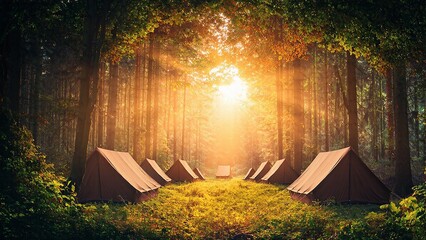 Beltane celebration: A forest camping scene with glowing sunlight filtering through trees.