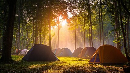 Camping tents pitched in a verdant forest illuminated by the rising sun on a clear morning.