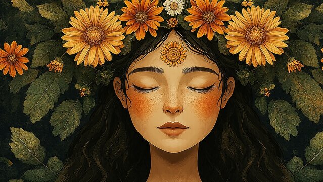 Beltane maiden reconnecting with nature, adorned with vibrant yellow flowers in her hair, eyes closed in peaceful meditation.