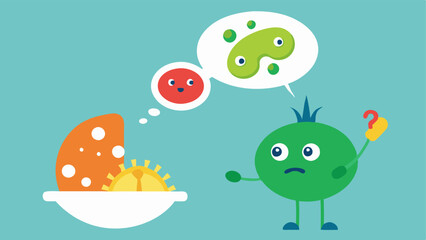 Obraz premium Microbial Safety A cartoonish ation of microbes and cells examining a plate of genetically modified food questioning if its healthy for consumption.
