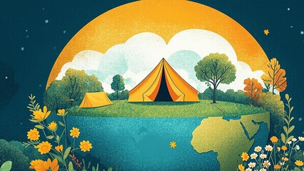 Celebrate Beltane camping in nature, reconnect with Earth, featuring floral elements and starry sky, for a harmonious outdoor experience.