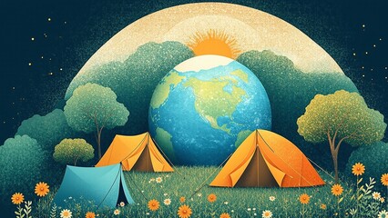Camping Tents and Earth Globe in a Lush Field for Nature Connection.