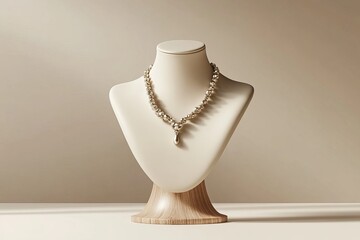 Elegant Gold Beaded Necklace on Wooden Display Stand Minimalist Jewelry Fashion Accessory Design Luxury Style Modern Chic Statement Piece Beautiful   