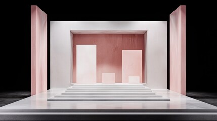 A minimalist white and pink stage set for a performance.