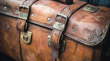 A close up of a worn leather bag with buckles and straps