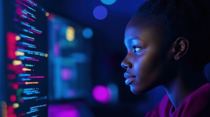 Young Black Woman Coding & Programming, Futuristic Tech Interface, Cybersecurity, Software Development, Digital World.