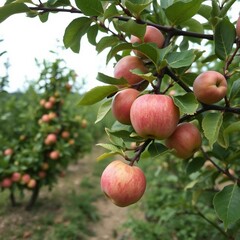 Apfelplantage mit reifen roten &Auml;pfeln an den B&auml;umen entlang einer Reihe. Ideal f&uuml;r landwirtschaftliche und saisonale Darstellungen.