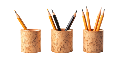 Pack Realistic Pencil Holder in Different Styles on Transparent Background for Office, Stationery, or Study Desk Arrangements