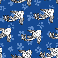 Hand drawn, japanese stiled seamless repeat pattern. Vector fishes on florals aop, all over surface print on blue background.
