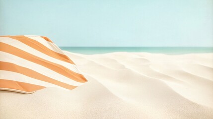 Beach scene with a clear blue sky and the ocean in the background. on the left side of the image, there is an orange and white striped beach towel lying on the sand.