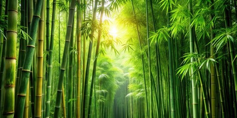 Fototapeta premium Dense foliage of lush green bamboo stems and leaves forming a thick forest stage backdrop, tropical atmosphere, dense foliage