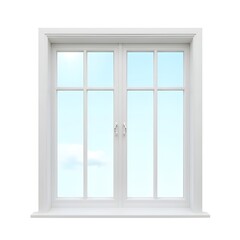 White double-pane window with clear sky view and symmetrical mullioned glass on white background