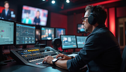 Behind scenes of producer directs broadcast from studio gallery. Director at monitors, equipment, switchboard, controls live show. Team work, production process, communication, coordination,