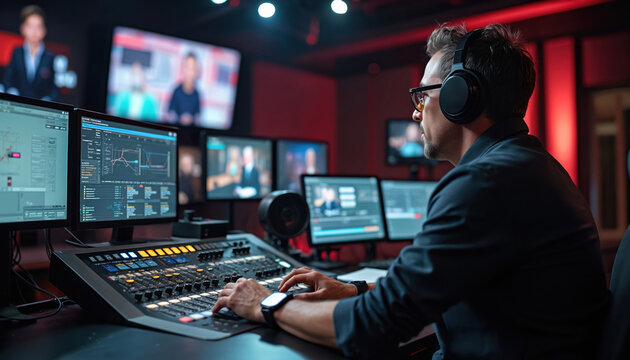 Behind scenes of producer directs broadcast from studio gallery. Director at monitors, equipment, switchboard, controls live show. Team work, production process, communication, coordination,