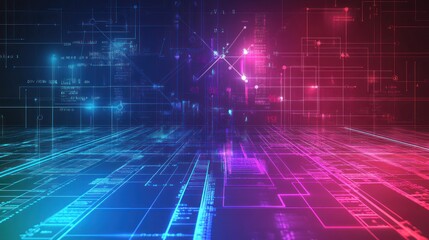 Fototapeta premium Abstract Digital Landscape: Neon Hues and Circuitry