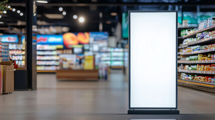 White screen LED stand in a retail supermarket environment, commercial advertising board for branding, promotions, and store marketing mockups