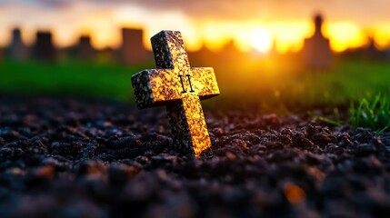 Solemn Catholic cemetery with grave marker and cross against blurred background - funeral concept
