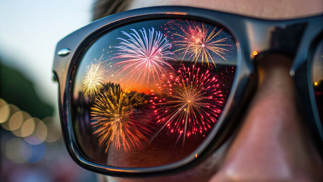 independence day Close up of fireworks reflecting in sunglasses, creating festive atmosphere