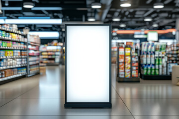 White screen LED stand in a retail supermarket environment, commercial advertising board for branding, promotions, and store marketing mockups