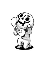 cartoon illustration of a person smoking while lifting a large skull head