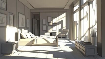 Fototapeta premium Chic Black and White Bedroom with Soft Light