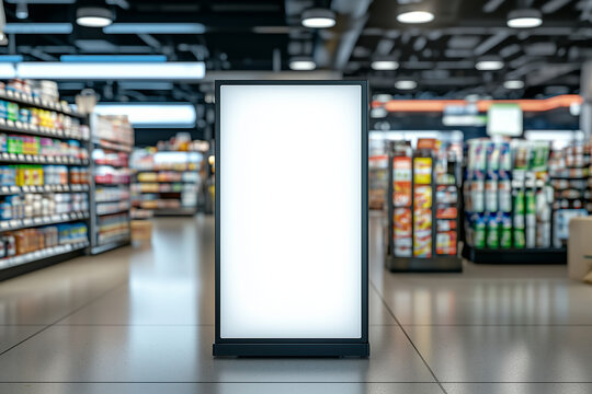 White screen LED stand in a retail supermarket environment, commercial advertising board for branding, promotions, and store marketing mockups