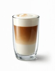 Transparent glass cup with layered cappuccino coffee and milk foam. Isolated drink on white background. Hot brown beverage, latte or macchiato with whipped froth. Morning fresh refreshment.