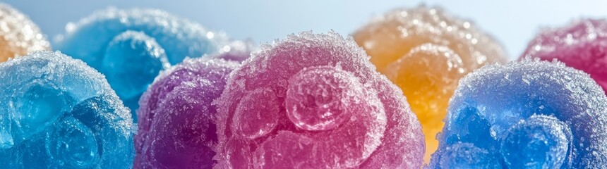 Fototapeta premium A close-up view of a frozen raspberry, revealing its detailed structure and frost, with a cool blue background