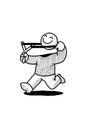 cartoon illustration holding a slingshot using his head