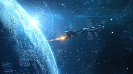 Spaceship launching into space, orbiting Earth.