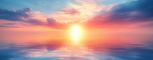 Obraz premium The serene view of a sunset over still waters, blending vibrant oranges and blues seamlessly into the horizon, creating a picturesque scene