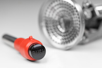 Portable gas tourist stove burner and piezo igniter. Isolate on white background. Outdoor cooking equipment.