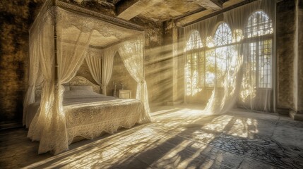 Cozy Bedroom with Canopy Bed and Soft Golden Light