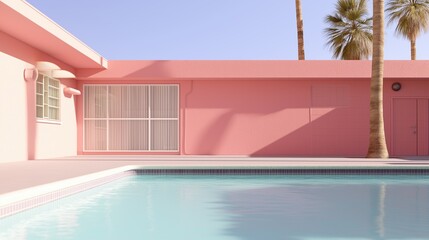 Fototapeta premium Modern pink house with a swimming pool in front of it. the house has a sloping roof and a large window with white curtains. the pool is rectangular in shape and has a blue-green color.