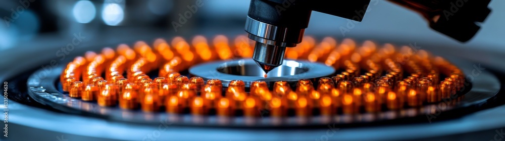 Poster a focused image of a precision machine tool at work on a circular surface featuring a striking orang