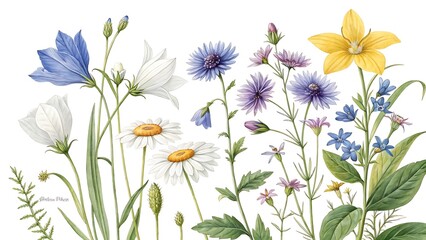 Obraz premium Spring flower border with white, blue, and purple blooms in a colorful floral design