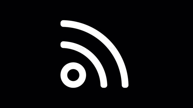 Icon rss is distorted. Glitch. Noise, chromatic aberration, geometric distortion. Transparent background, looped. In-Out looped. Alpha BW at the end