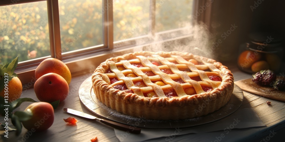 Poster golden lattice pie and the warm setting: a freshly baked golden lattice pie sits invitingly on a rus