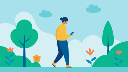Obraz premium Outdoors Ignored A person walking in a beautiful park but their head is down staring at their phone with flowers and nature around them depicted as vibrant but unnoticed.