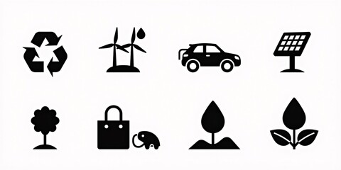 A collection of environmental and sustainability-themed silhouette iconsA collection of environmental and sustainability-themed silhouette icons