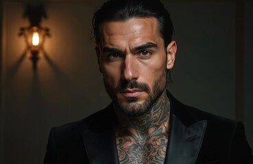 Obraz premium Close-up portrait of attractive tanned Italian man with beard, tattoo on neck. Macho brunette looks at camera with sensual gaze in luxurious black suit, novel character.
