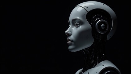 Female AI Robot Profile with Visible Mechanical Details on Black Background. Ideal for projects related to AI development, robotics research, future technology trends