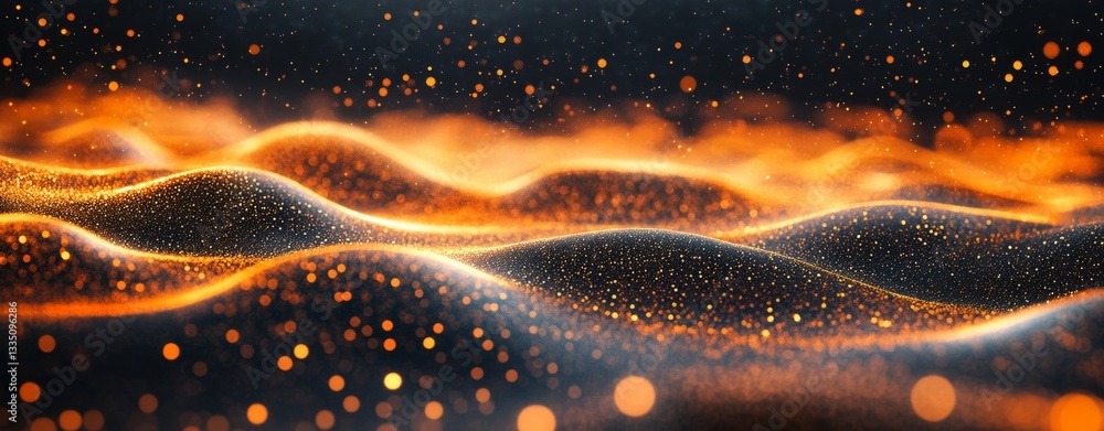 Poster a dynamic, abstract image depicting flowing waves of color with shimmering particles, creating an im